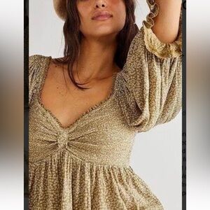 Free People Crop Brittnee Print Smocked Peplum Top